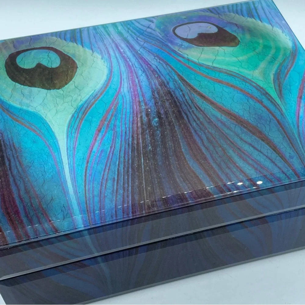 Peacock Feather Blue HardBox Jewelry Case The Met Velvet‎ Interior 7”X4 3/4”X3”